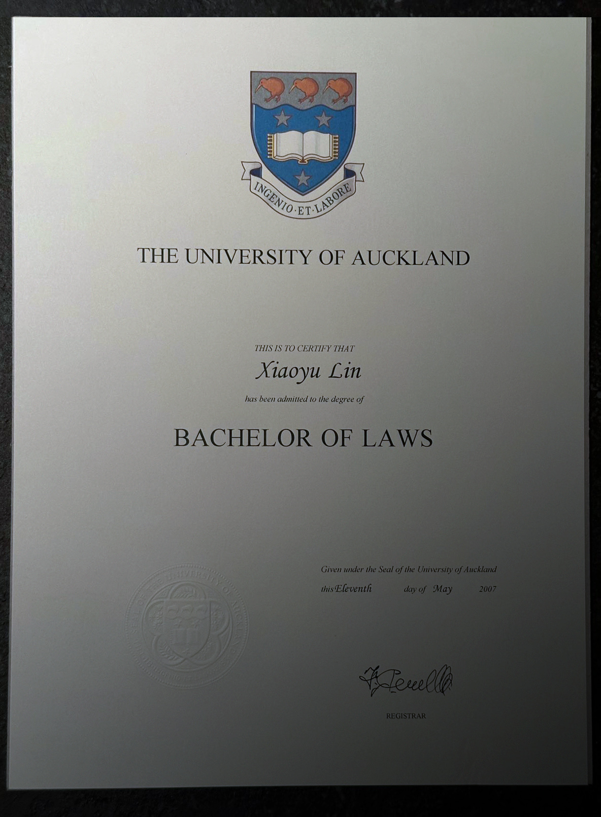 THE UNIVERSITY OF AUCKLAND BACHELOR OF LAWS Cap